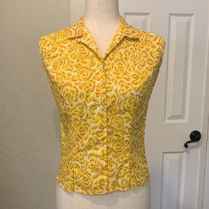 Vintage Blouse Colorful Yellow Floral Fitted Sleeveless Button Up Size 12
